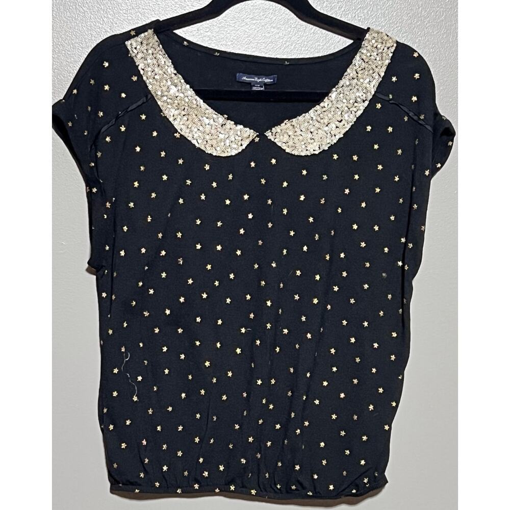 American Eagle Size Medium Gold Star and Sequin‎ Collar short sleeve shirt Black